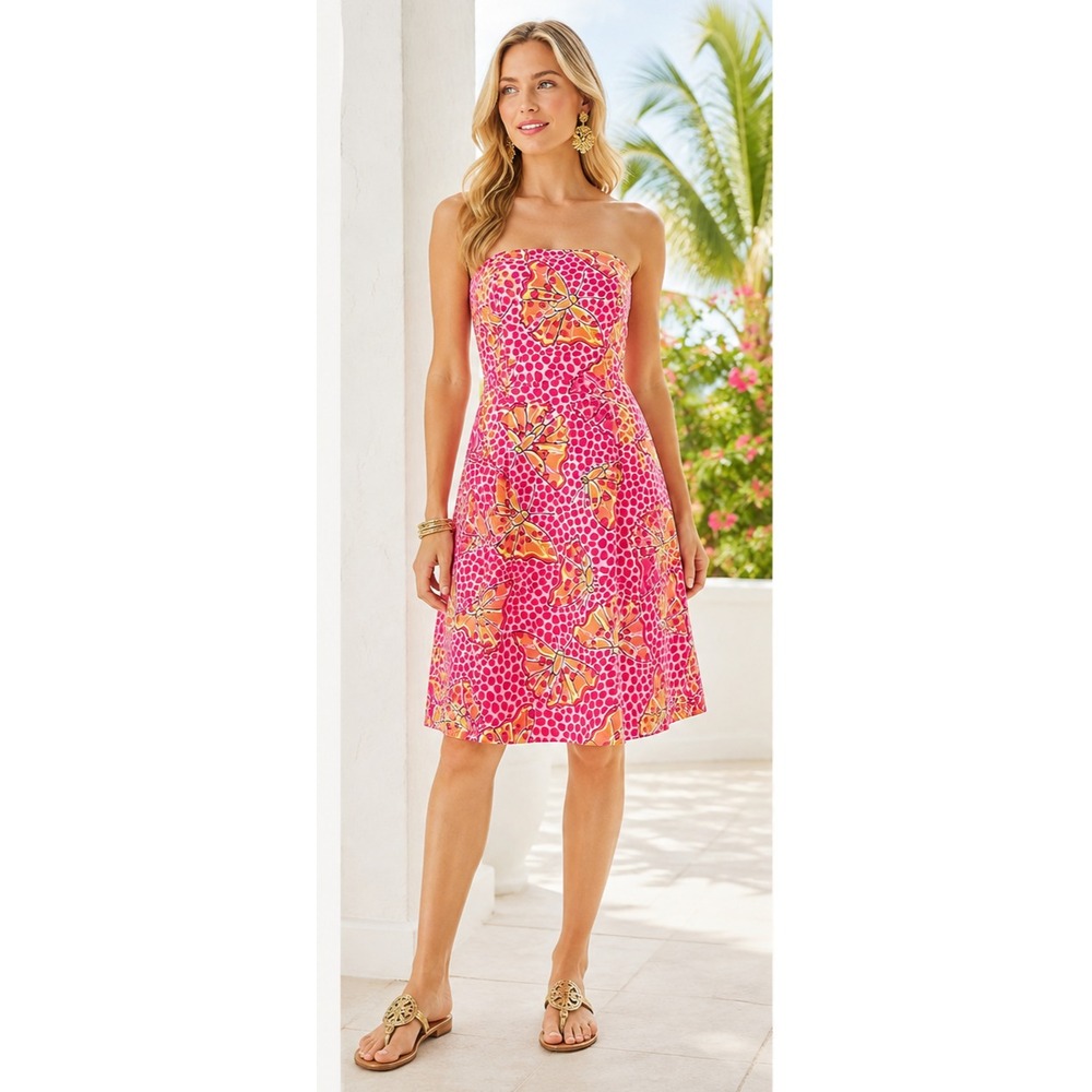 VTG Lilly Pulitzer Strapless Dress 6 Butterflies Pink Coral/Yellow Resort Preppy
